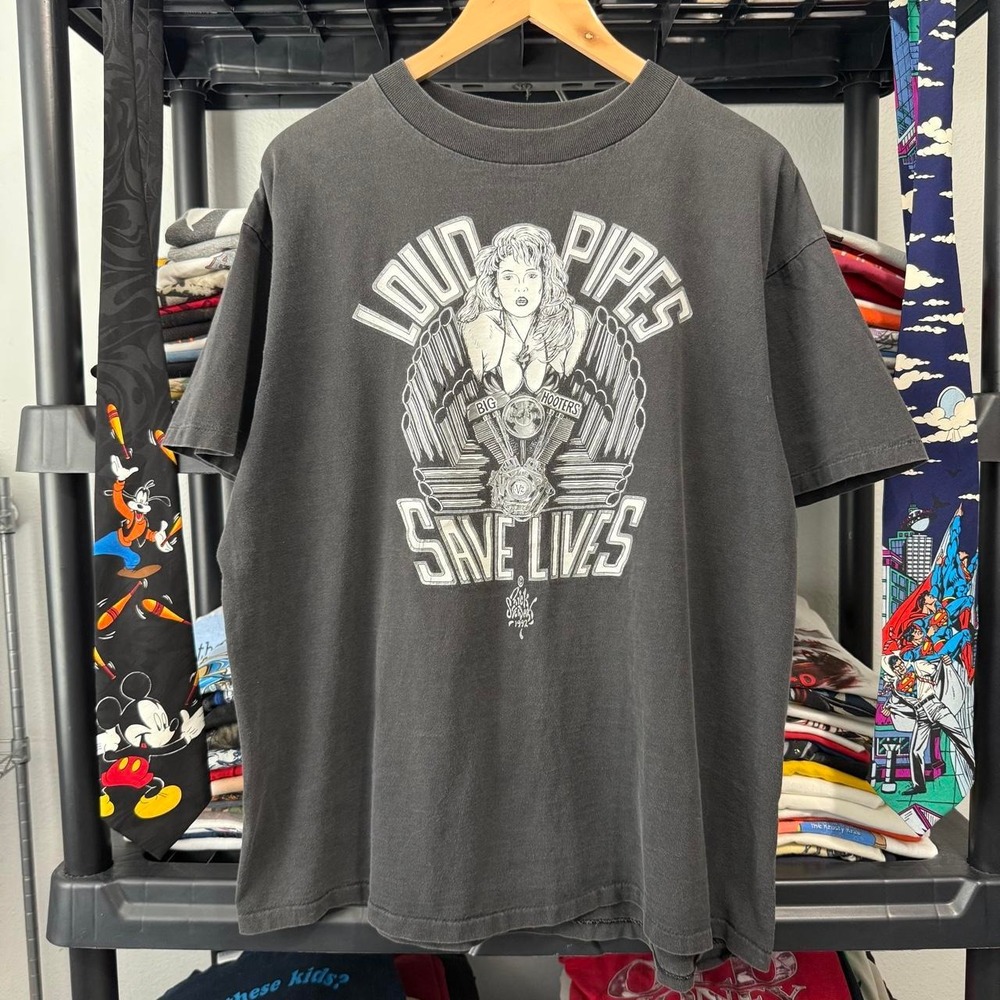 Vintage 90s Oneita Loud Pipes Save Lives Motorcycle Graphic T-Shirt XL Black
